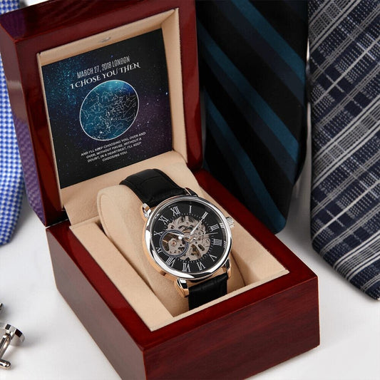Gift for Men, Men's Wrist Watch, Personalized Anniversary Gift For Him, Automatic Openwork Watch For Husband, Partner and Boyfriend