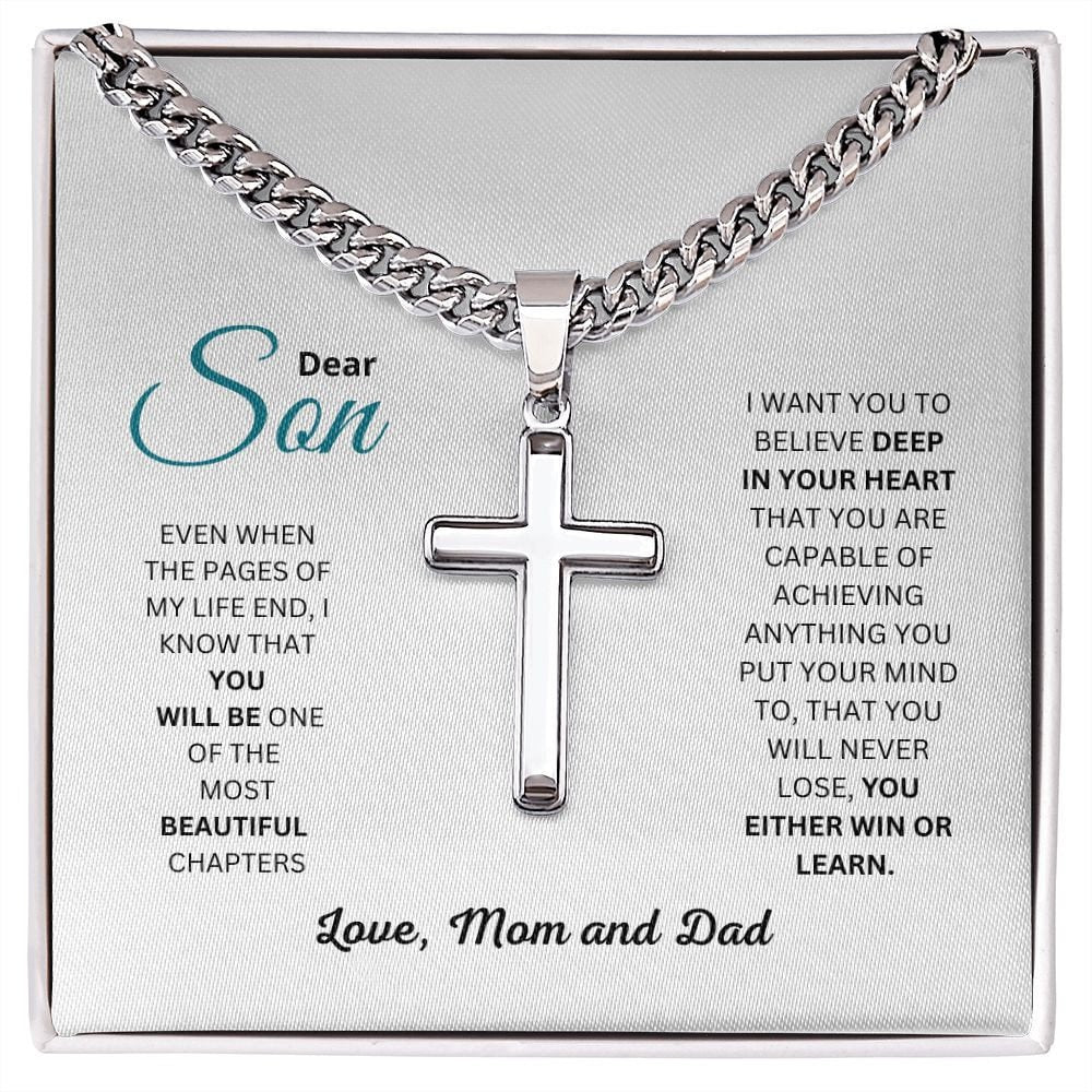 Religious Gift, Engraving Cross on Cuban Chain, Necklace Gift For Son