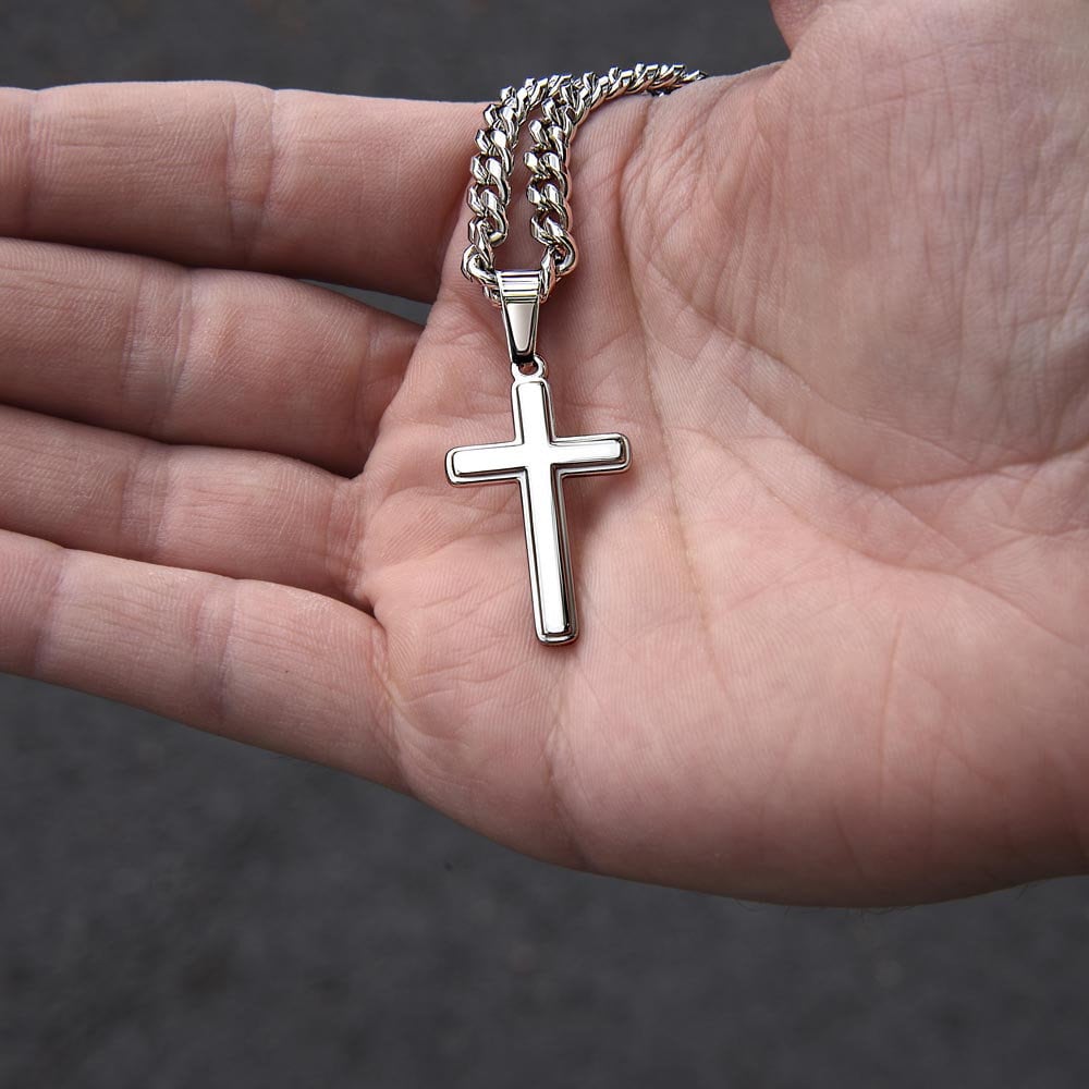 Religious Gift, Engraving Cross on Cuban Chain, Necklace Gift For Son