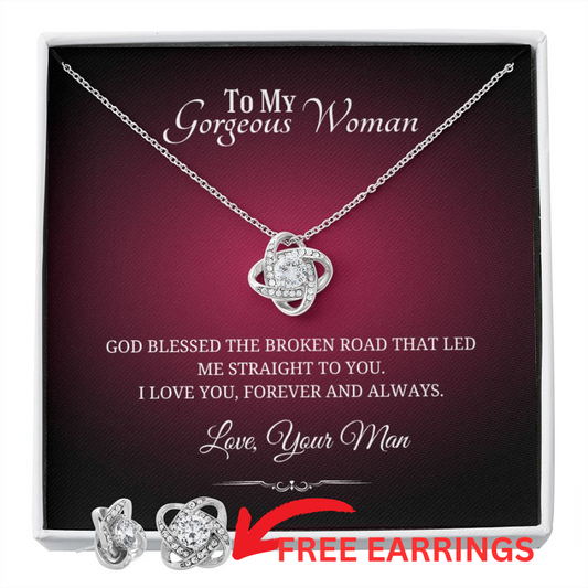 To My Gorgeous Woman Love Knot Necklace And Earring Set, Gift For Her