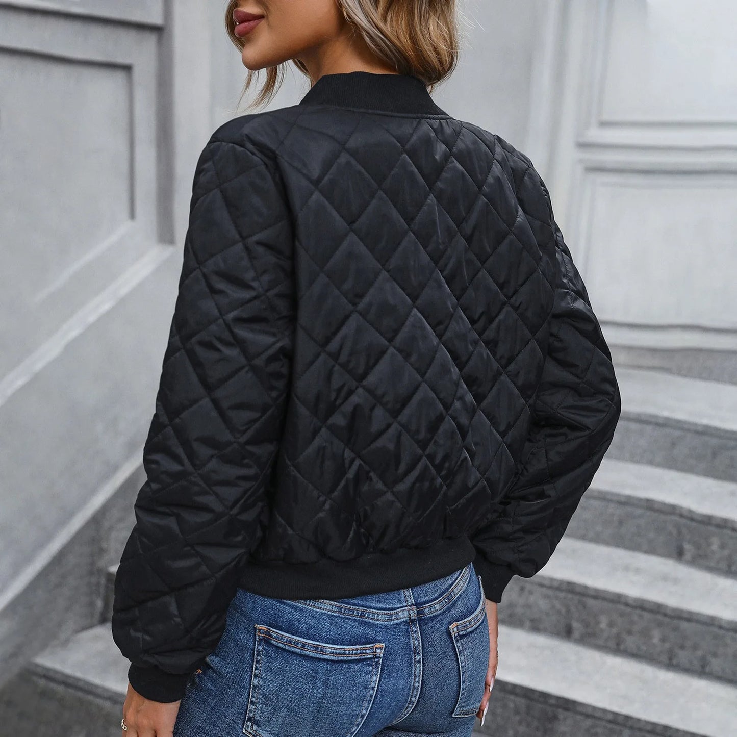 Women's Black Jacket, Quilted Bomber Style, All Season Jacket