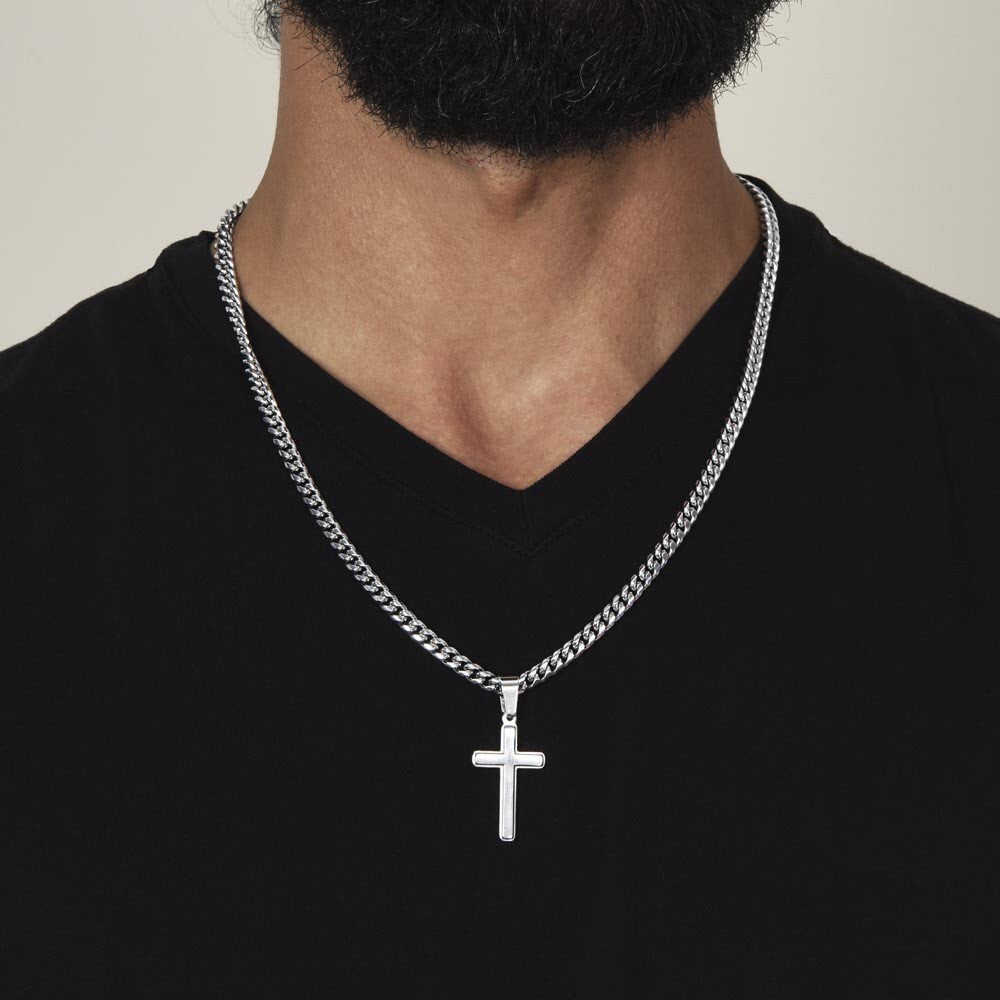 Religious Gift, Engraving Cross on Cuban Chain, Necklace Gift For Son