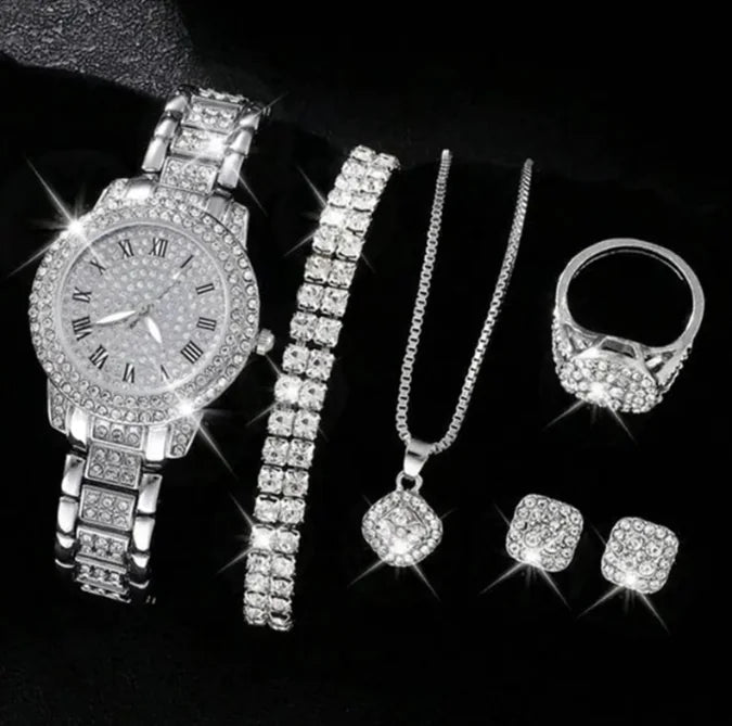 Luxury Watch Set For Women, Wrist Watch, Ring, Bracelet, Necklace, Earrings