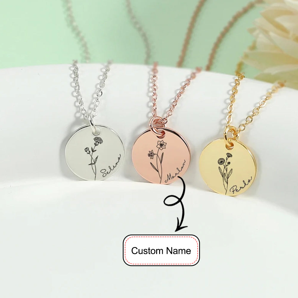 Custom Name Necklace, Floral Necklace, Birthflower Necklace