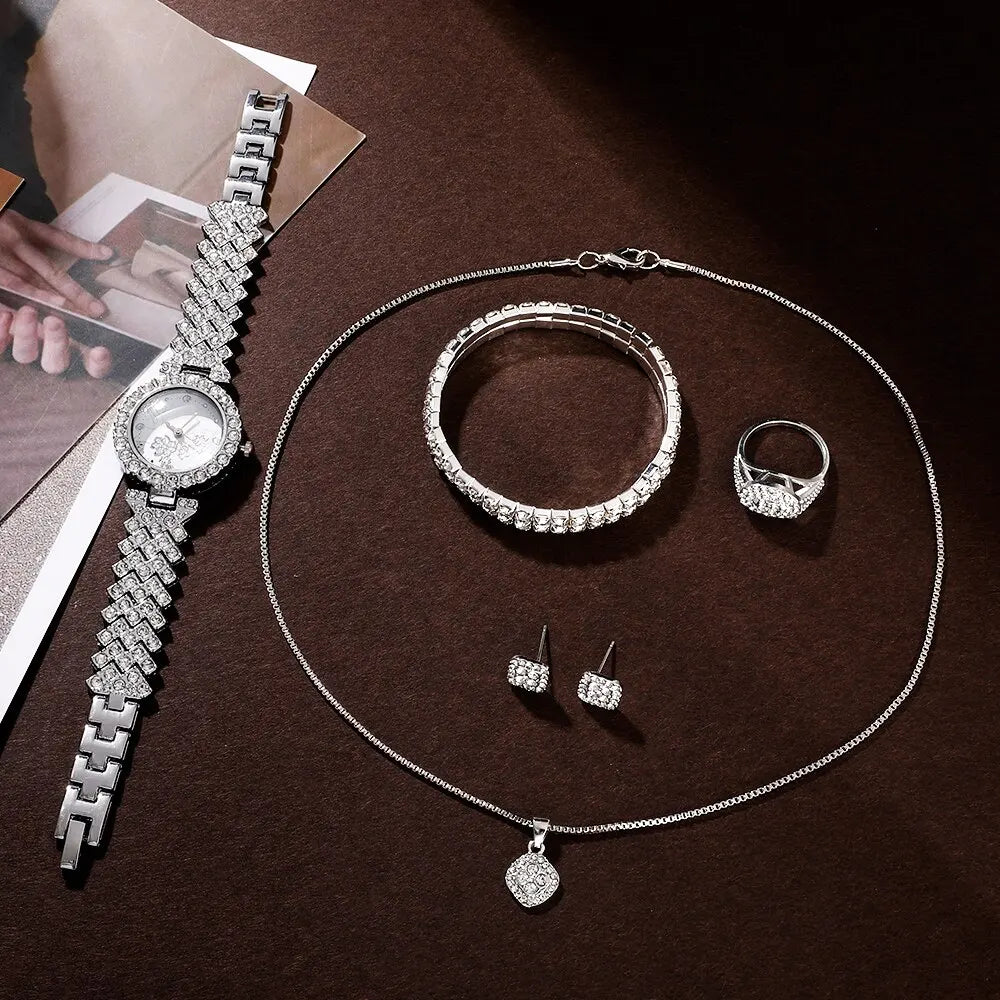 Luxury Watch Set For Women, Wrist Watch, Ring, Bracelet, Necklace, Earrings
