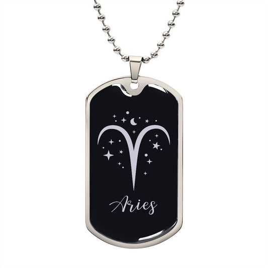 Aries Zodiac Sign Dog Tag Necklace With Military Chain, Birthday Gift For Him - Zensassy