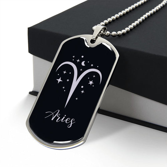 Aries Zodiac Sign Dog Tag Necklace With Military Chain, Birthday Gift For Him - Zensassy