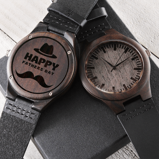 Father's Day Gift Watch, Genuine Leather Strap Engraved Wooden Watch, Gift For Dad - Zensassy