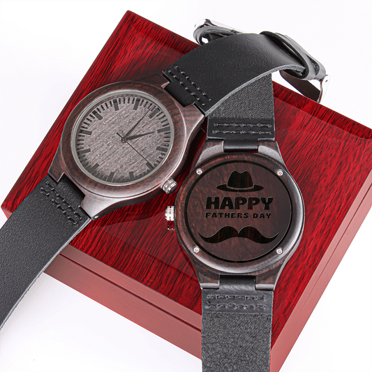 Father's Day Gift Watch, Genuine Leather Strap Engraved Wooden Watch, Gift For Dad - Zensassy